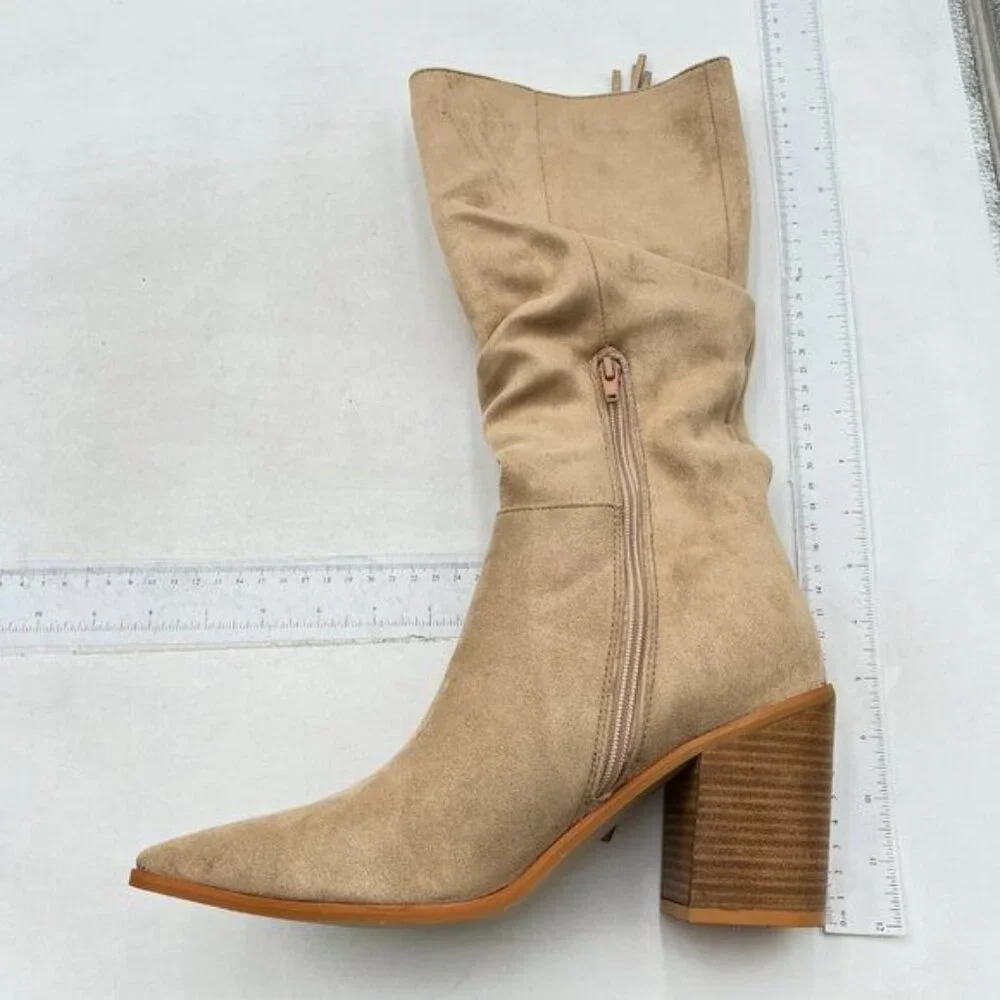 Women Knee High Boots Tassel Suede Pointed Toe Chunky Heel Long Boot Tan